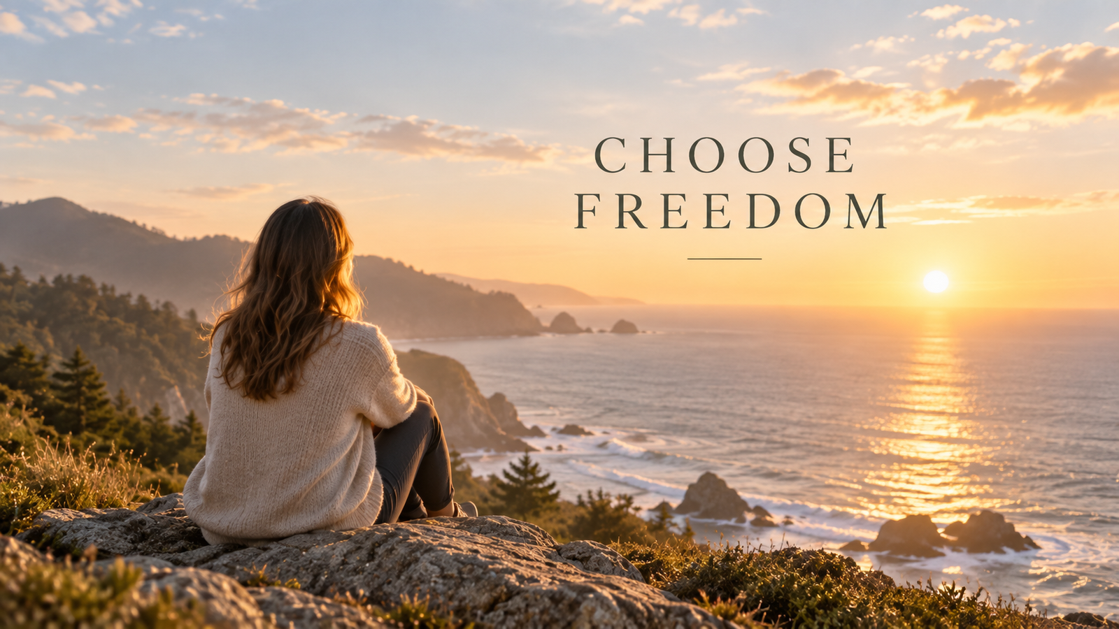 Calm sober living scene with the words Choose Freedom