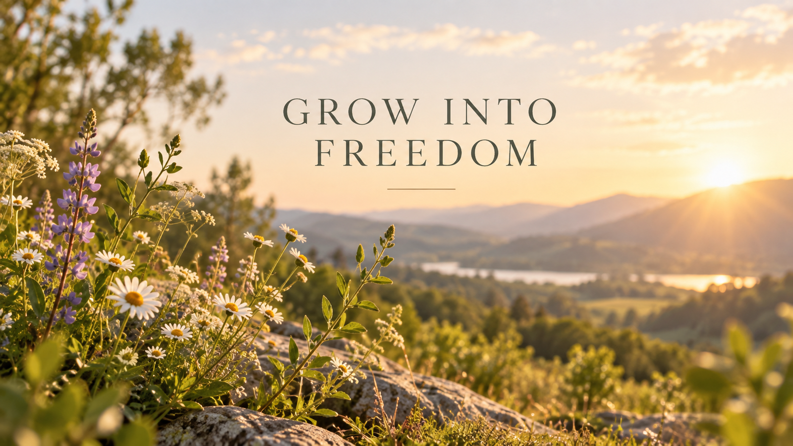 Wildflowers in warm light with the words Grow Into Freedom