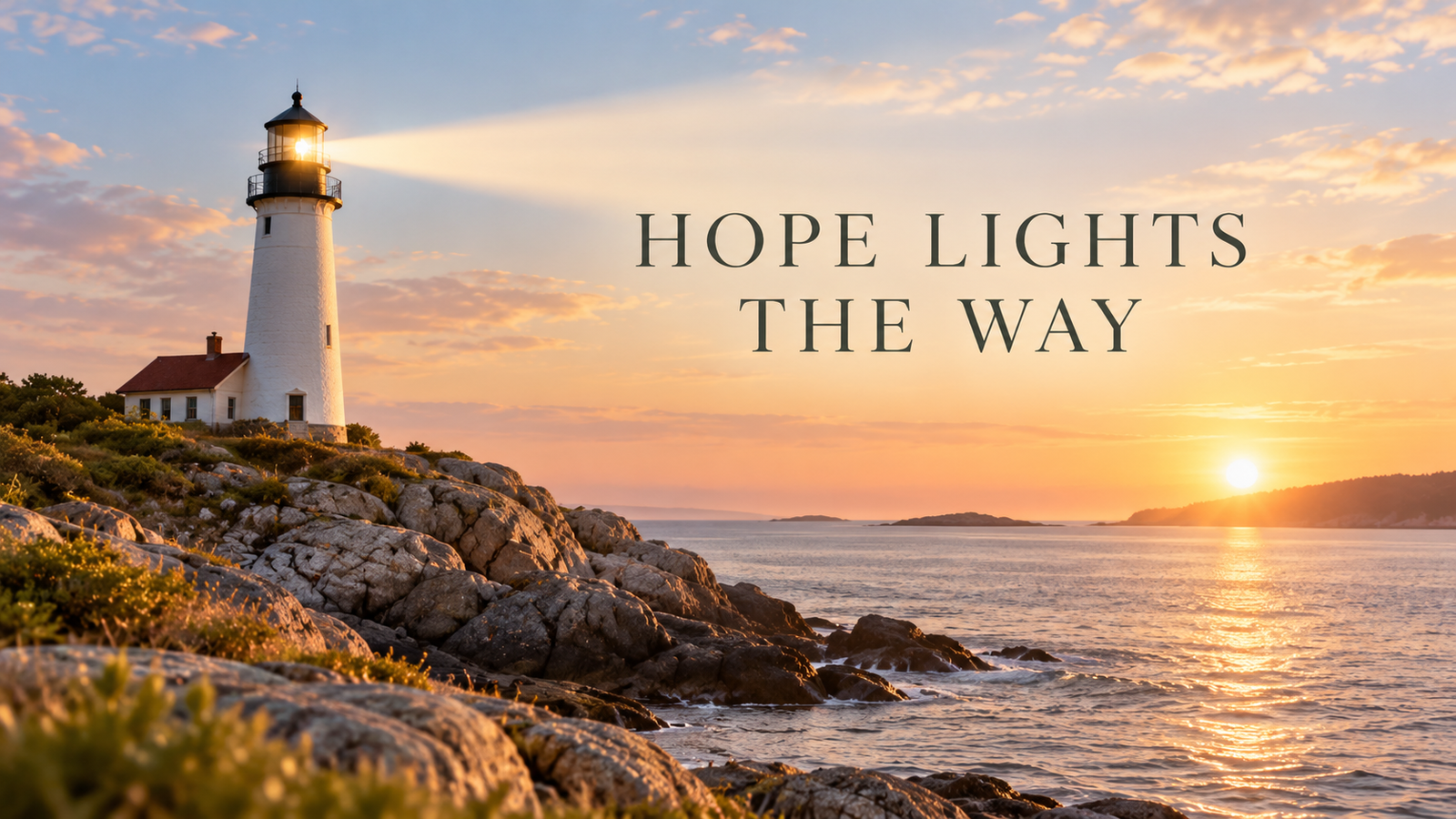 Lighthouse at sunrise with the words Hope Lights the Way