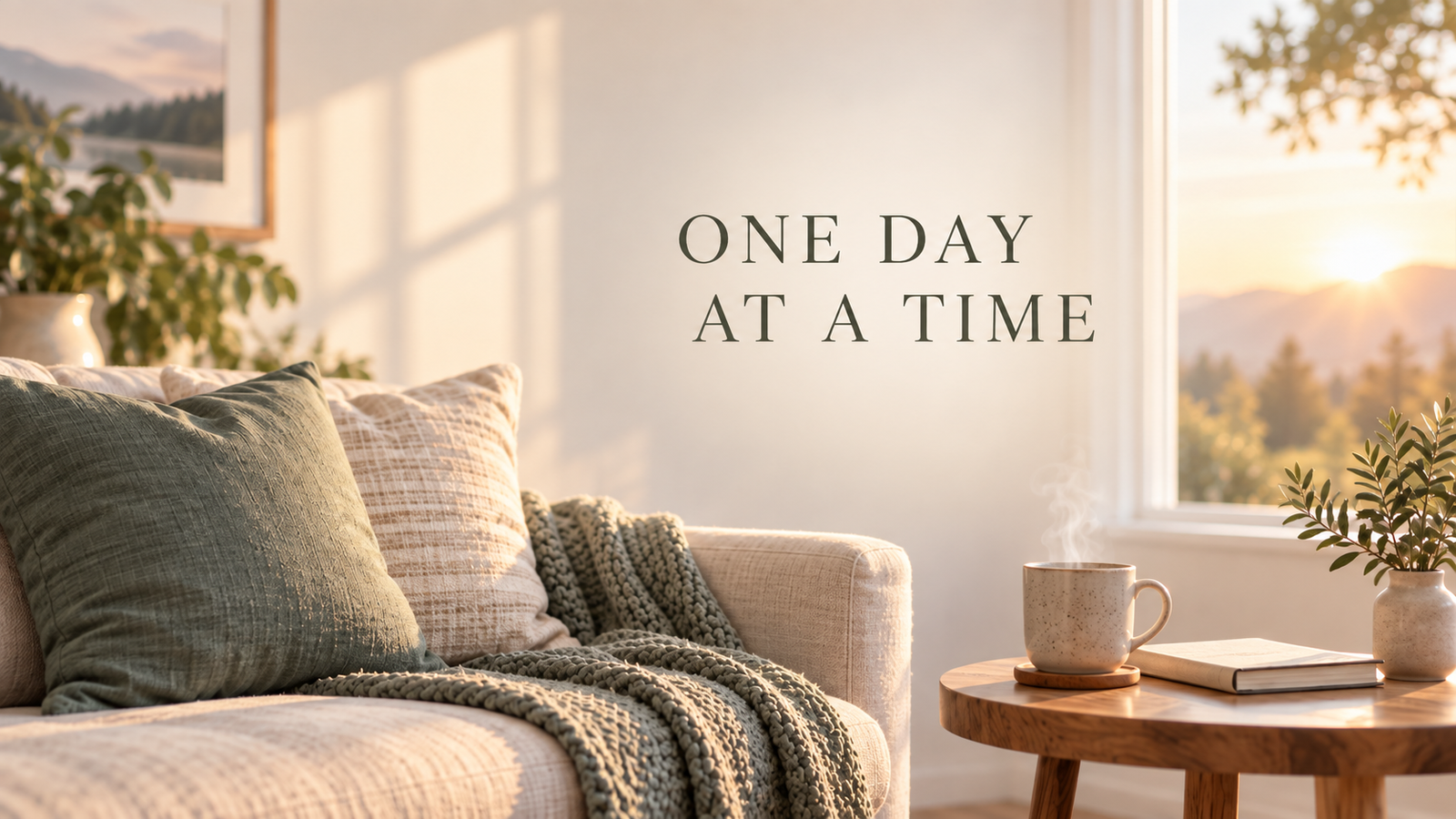 Calm recovery scene with the words One Day at a Time