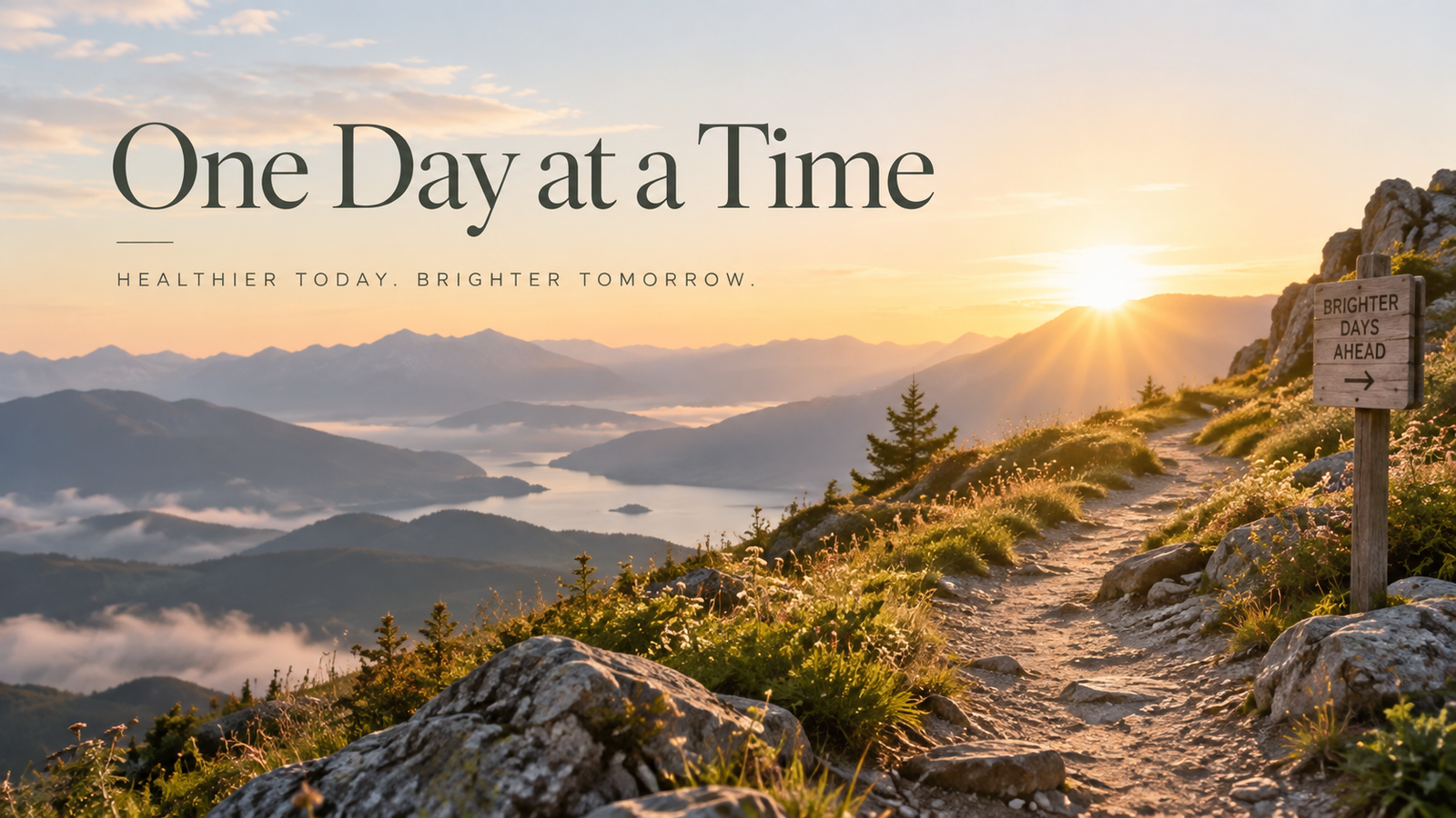 One Day at a Time — sobriety milestones on a sunrise path
