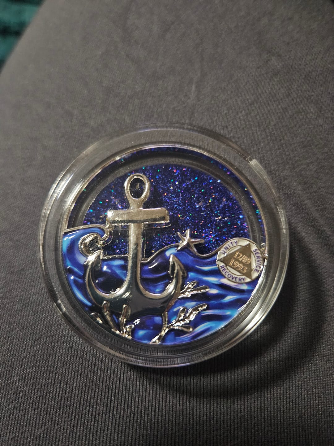 Customer-submitted photo of an Anchor sobriety medallion.