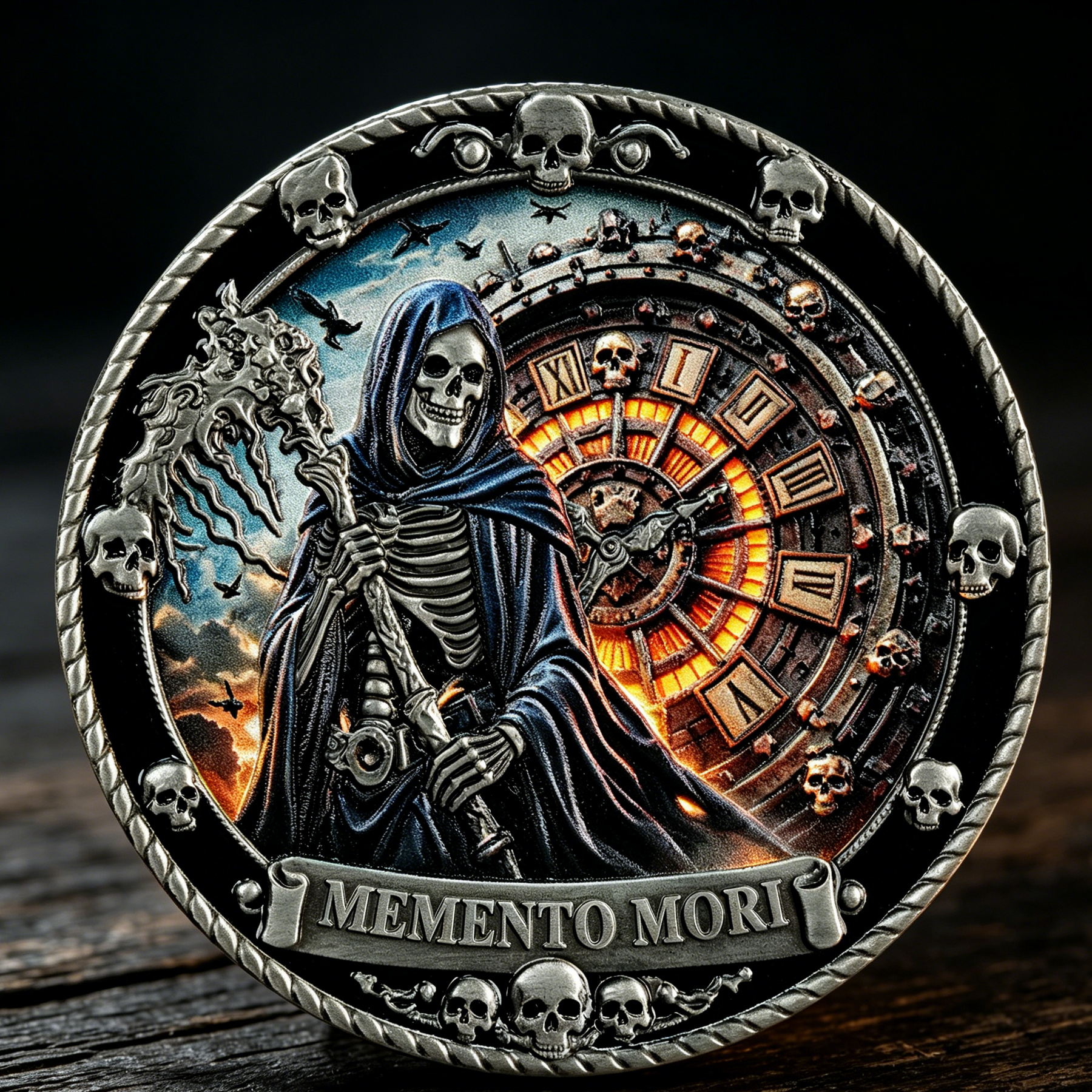 Grim Reaper with Glowing Clock Memento Mori & Tempus Fugit Coin ...